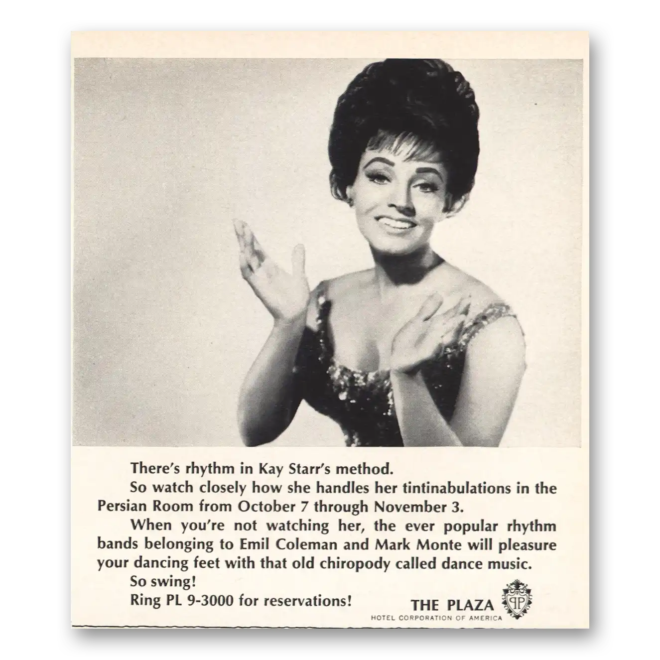 1964 Plaza Hotel Kay Starr Persian Room Vintage Magazine Print Ad