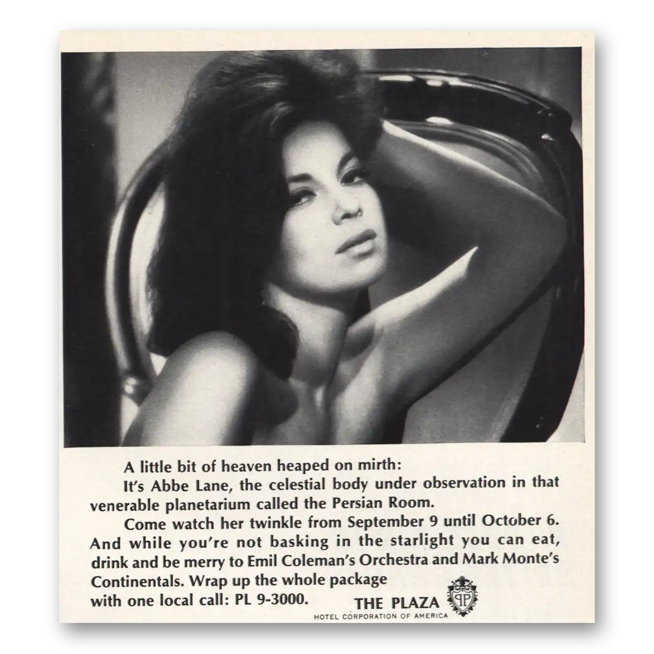 1964 Plaza Hotel Abbe Lane Vintage Magazine Print Ad