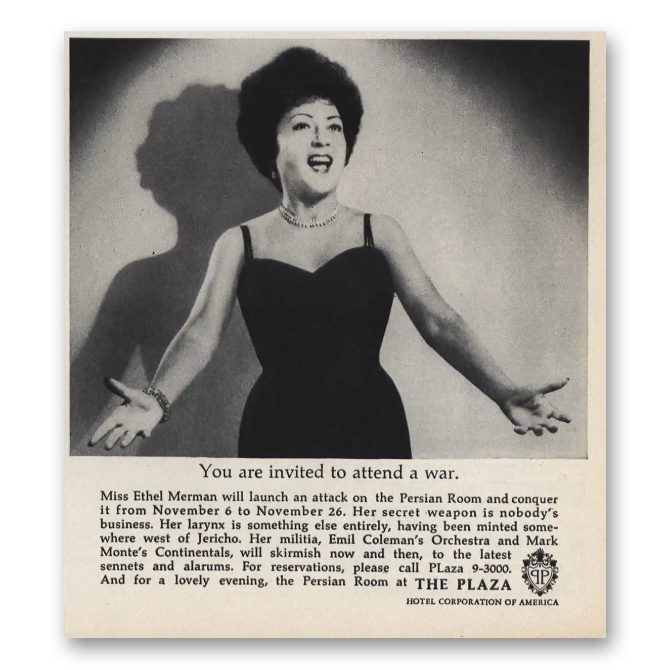 1964 Plaza Hotel Miss Ethel Merman Vintage Magazine Print Ad