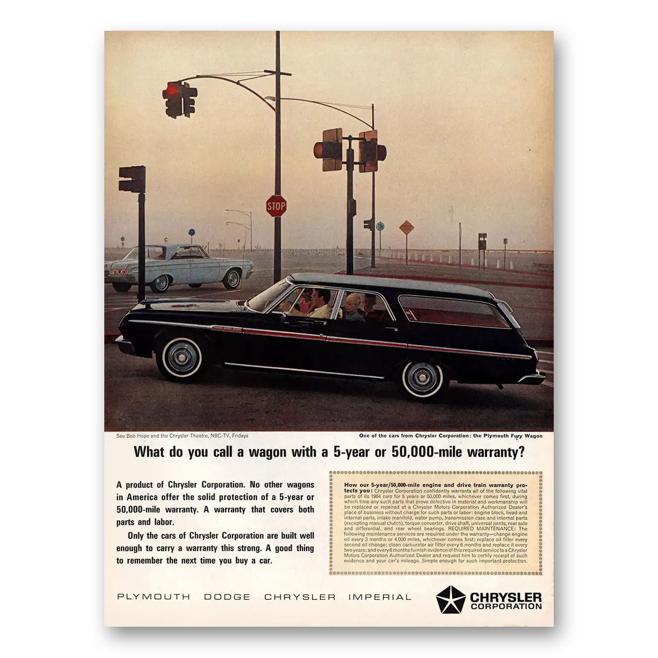 1964 Plymouth Fury Wagon 5 Year or 50000 Mile Warranty Vintage Magazine Print Ad