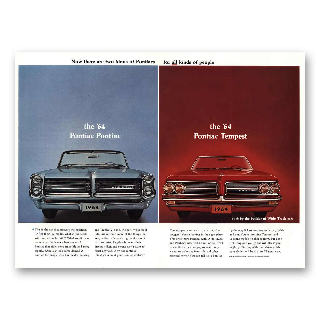 1964 Pontiac Bonneville Tempest Two Kinds of Pontiac Vintage Magazine Print Ad