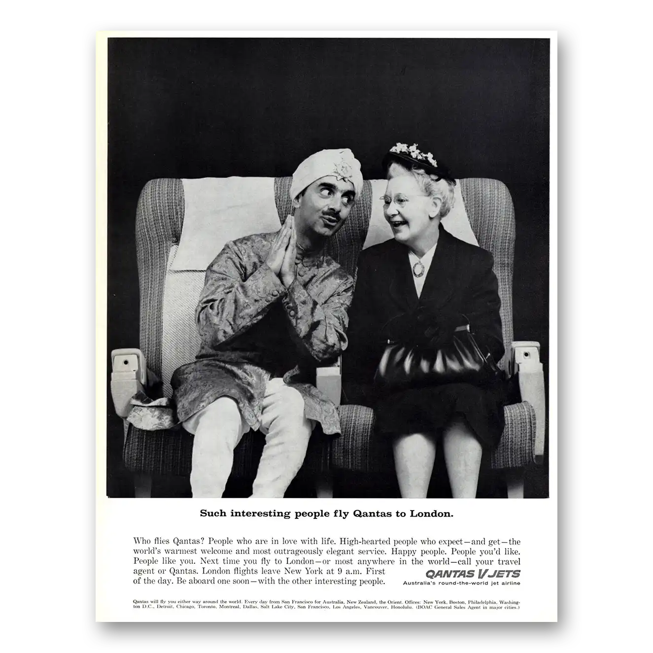 1964 Qantas Airlines Such Interesting People Fly to London Vintage Magazine Print Ad