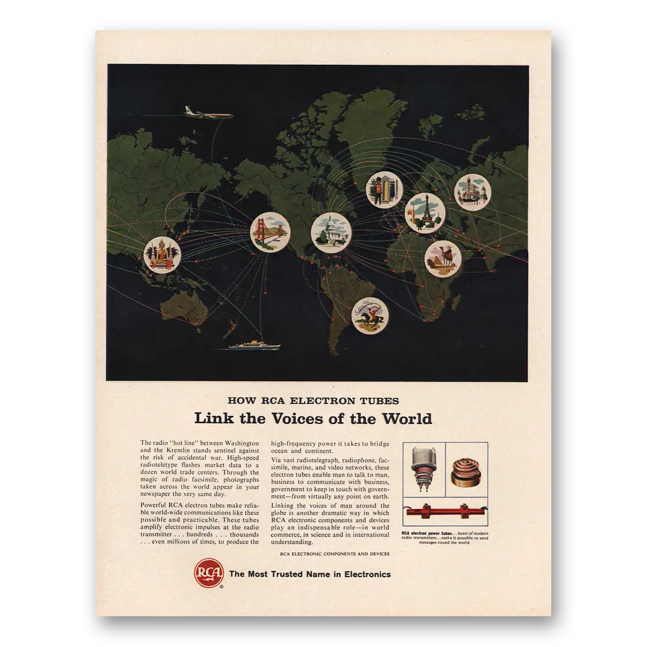 1964 RCA Radios Electron Tubes Link the Voices of the World Vintage Magazine Print Ad