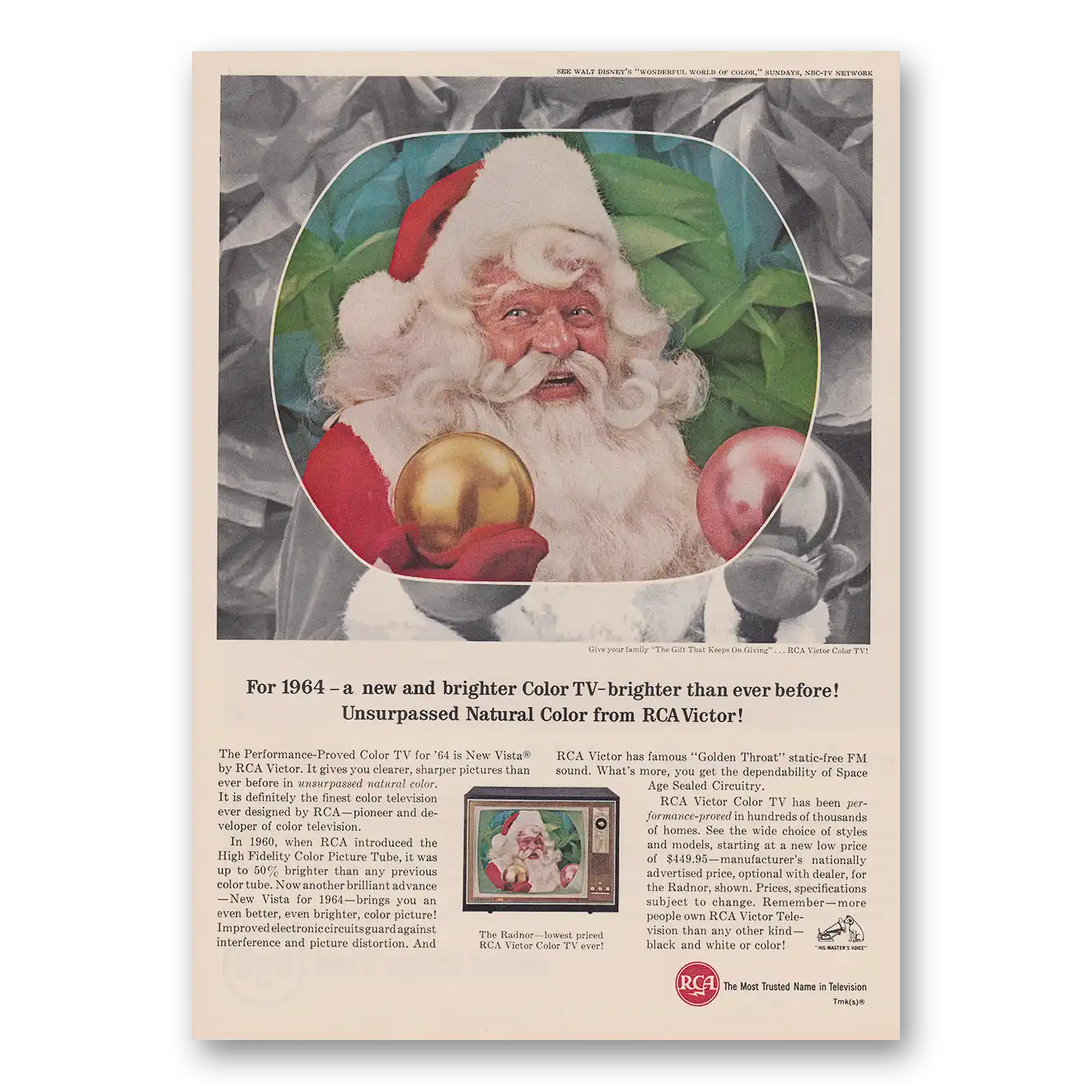 1964 RCA Television New and Brighter Color TV Santa Vintage Magazine Print Ad