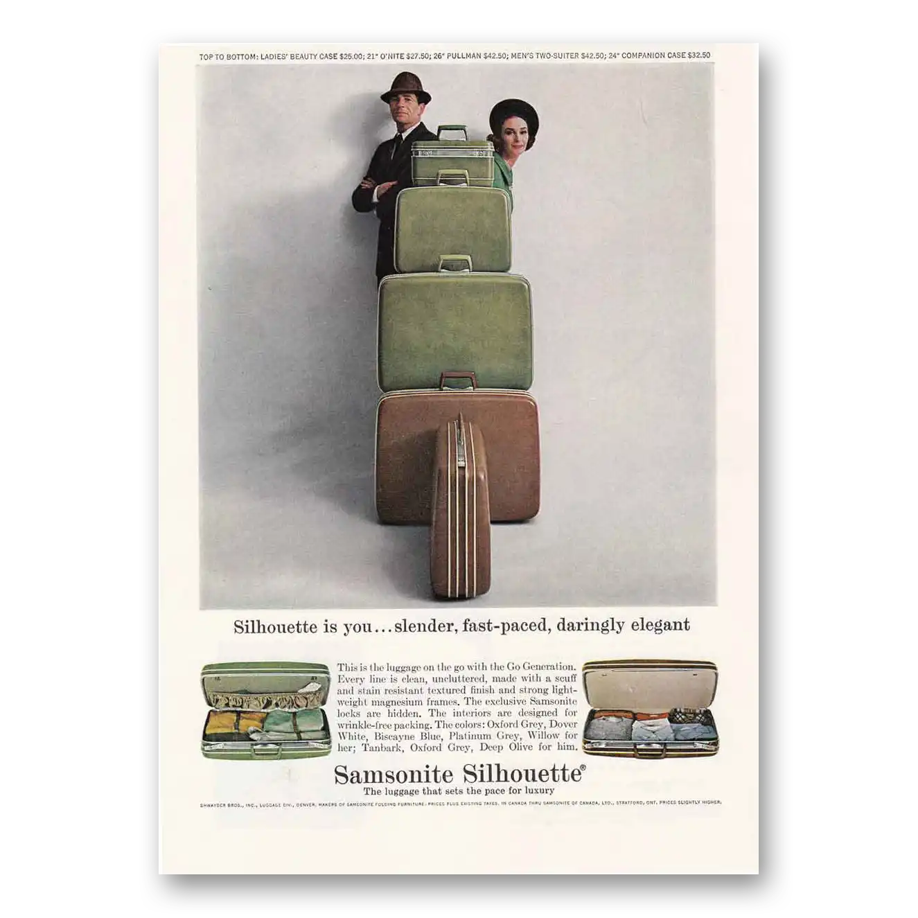 1964 Samsonite Luggage Silhouette Slender Fast Paced Daring Vintage Magazine Print Ad