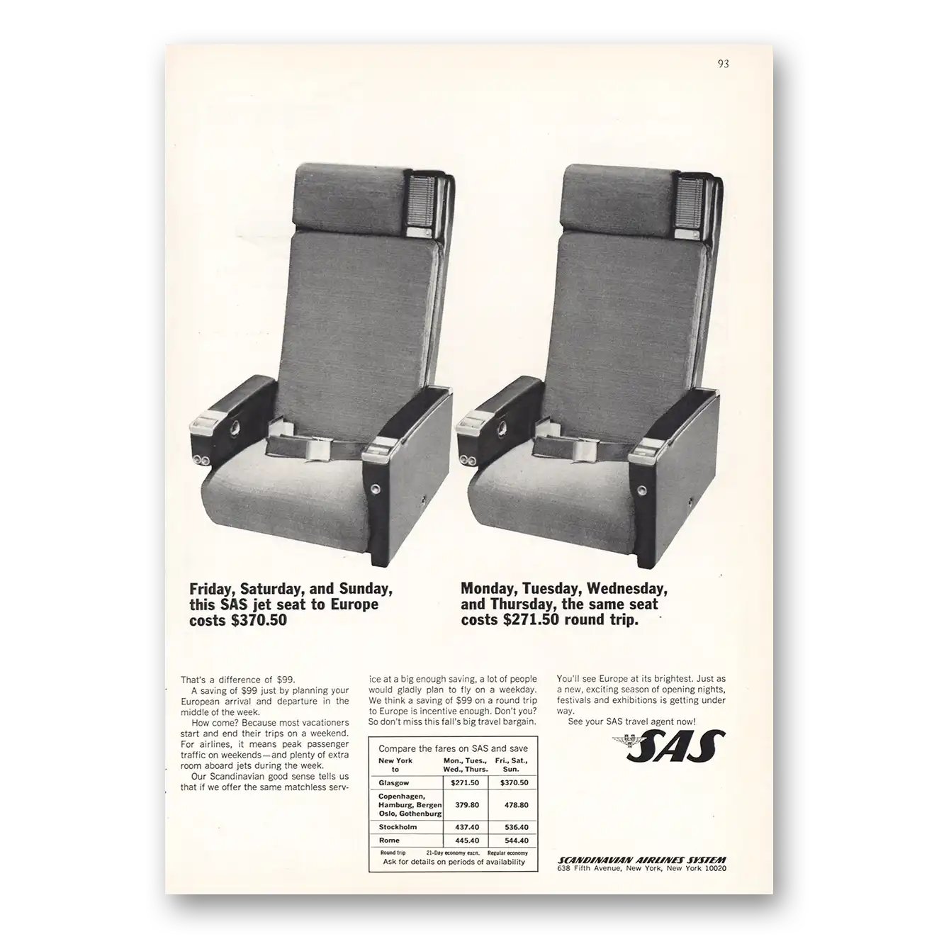 1964 SAS Scandinavian Airlines Seats Vintage Magazine Print Ad