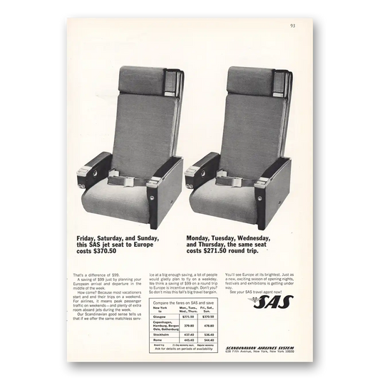 1964 SAS Scandinavian Airlines Seats Vintage Magazine Print Ad