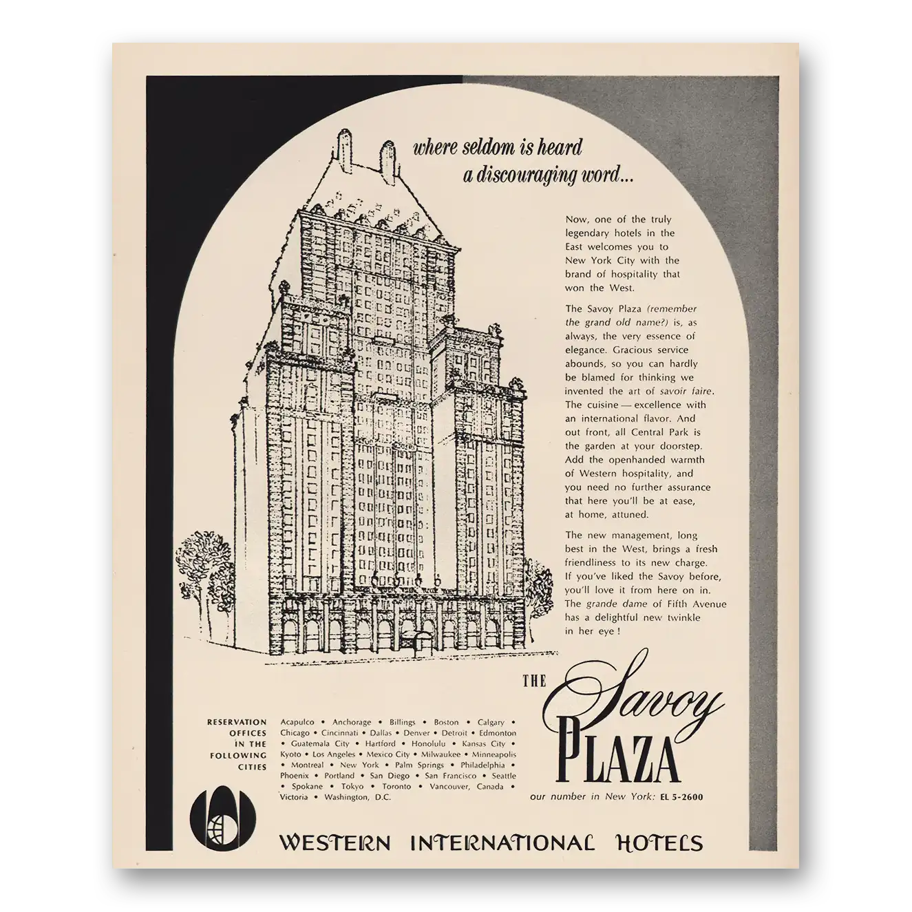 1964 Savoy Plaza Hotel Seldom Is Heard Discouraging Word Vintage Magazine Print Ad