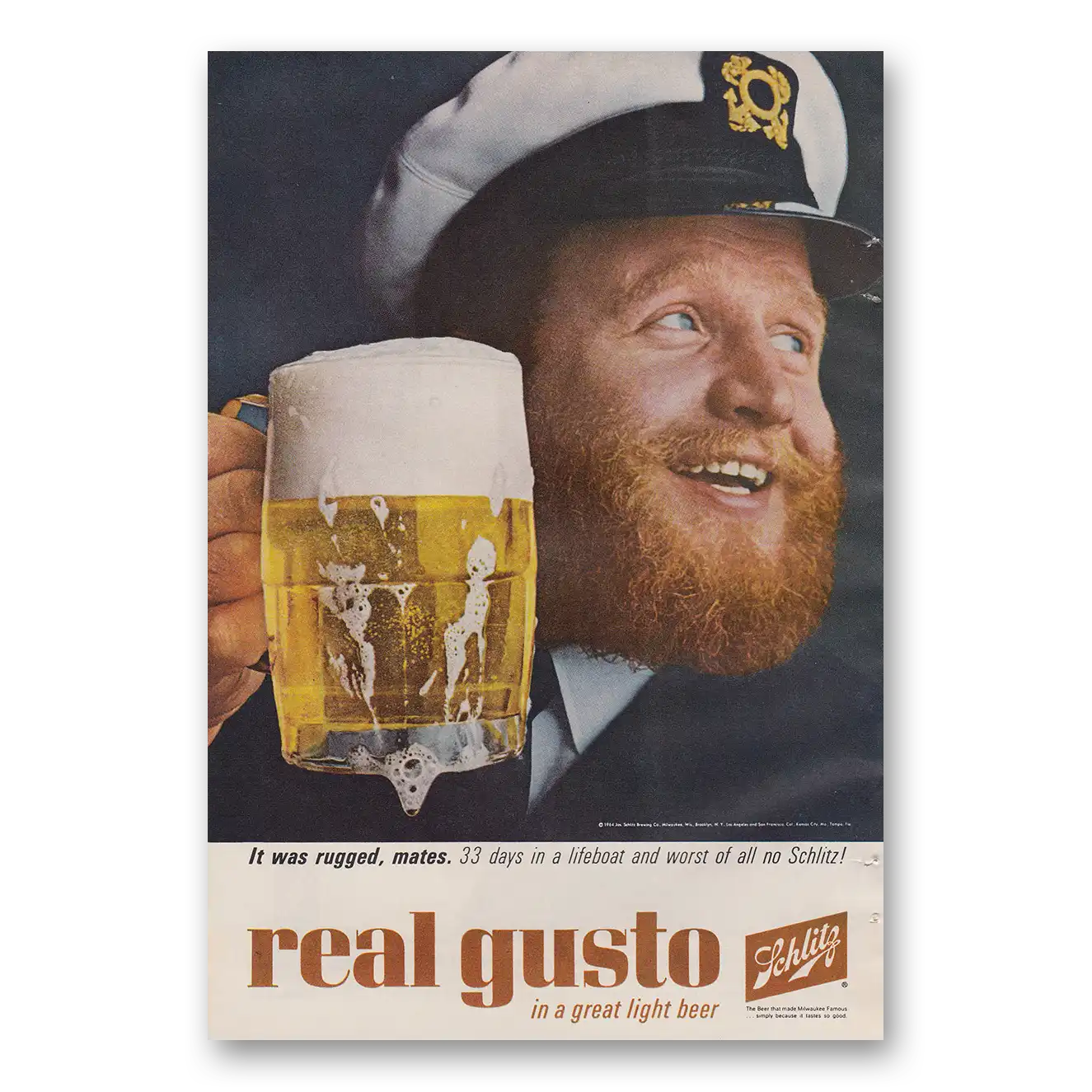 1964 Schlitz Beer Real Gusto It Was Rugged Mates Vintage Magazine Print Ad