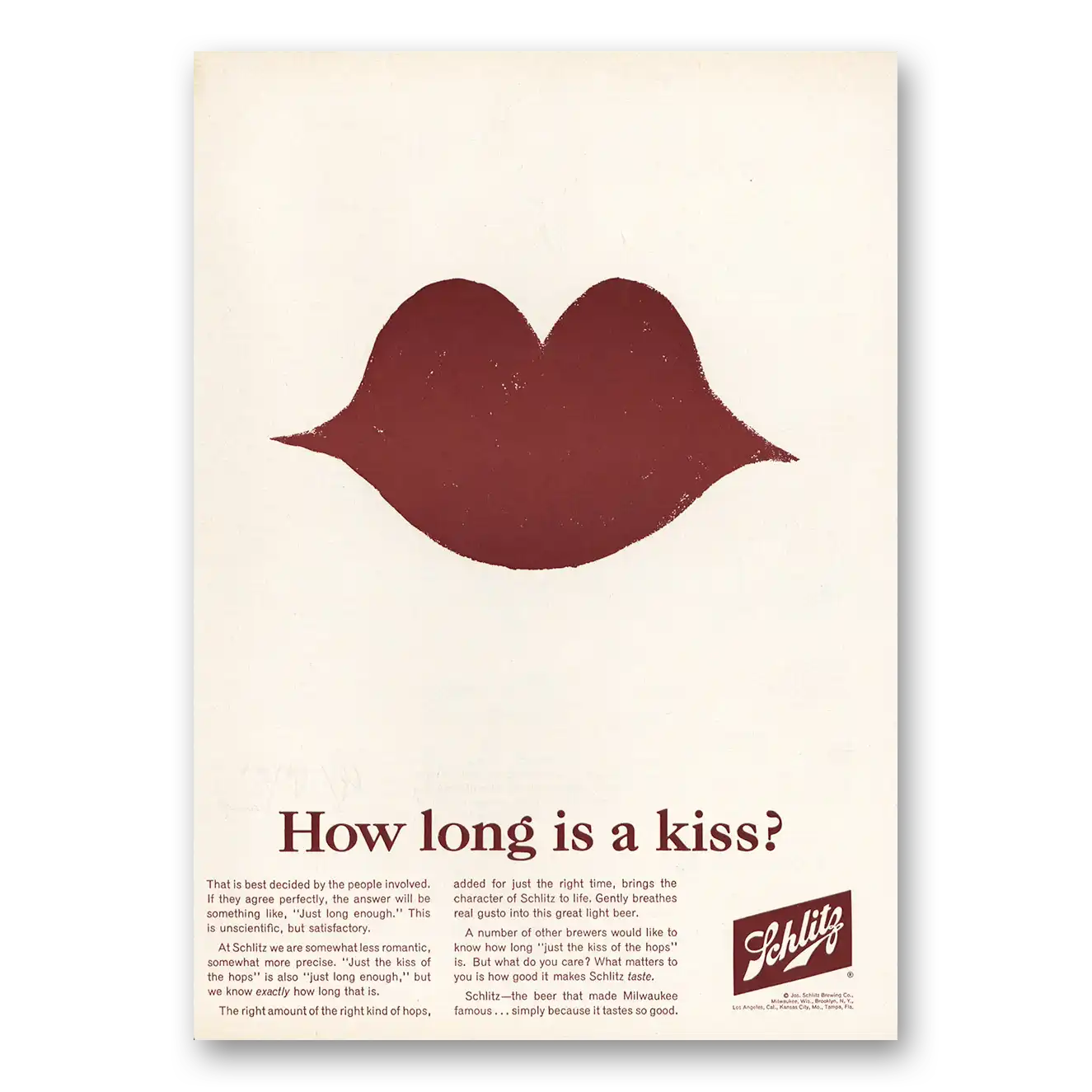 1964 Schlitz Beer How Long Is a Kiss Vintage Magazine Print Ad