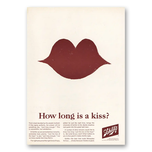 1964 Schlitz Beer How Long Is a Kiss Vintage Magazine Print Ad