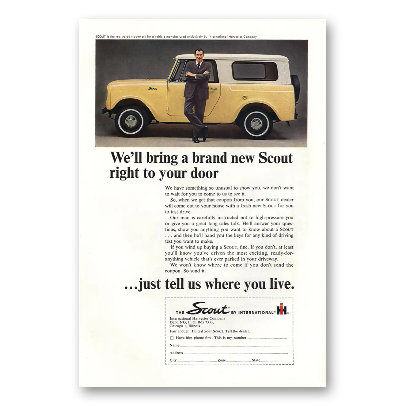 1964 International Harvester Scout Brand New Right To Your Door Vintage Magazine Print Ad