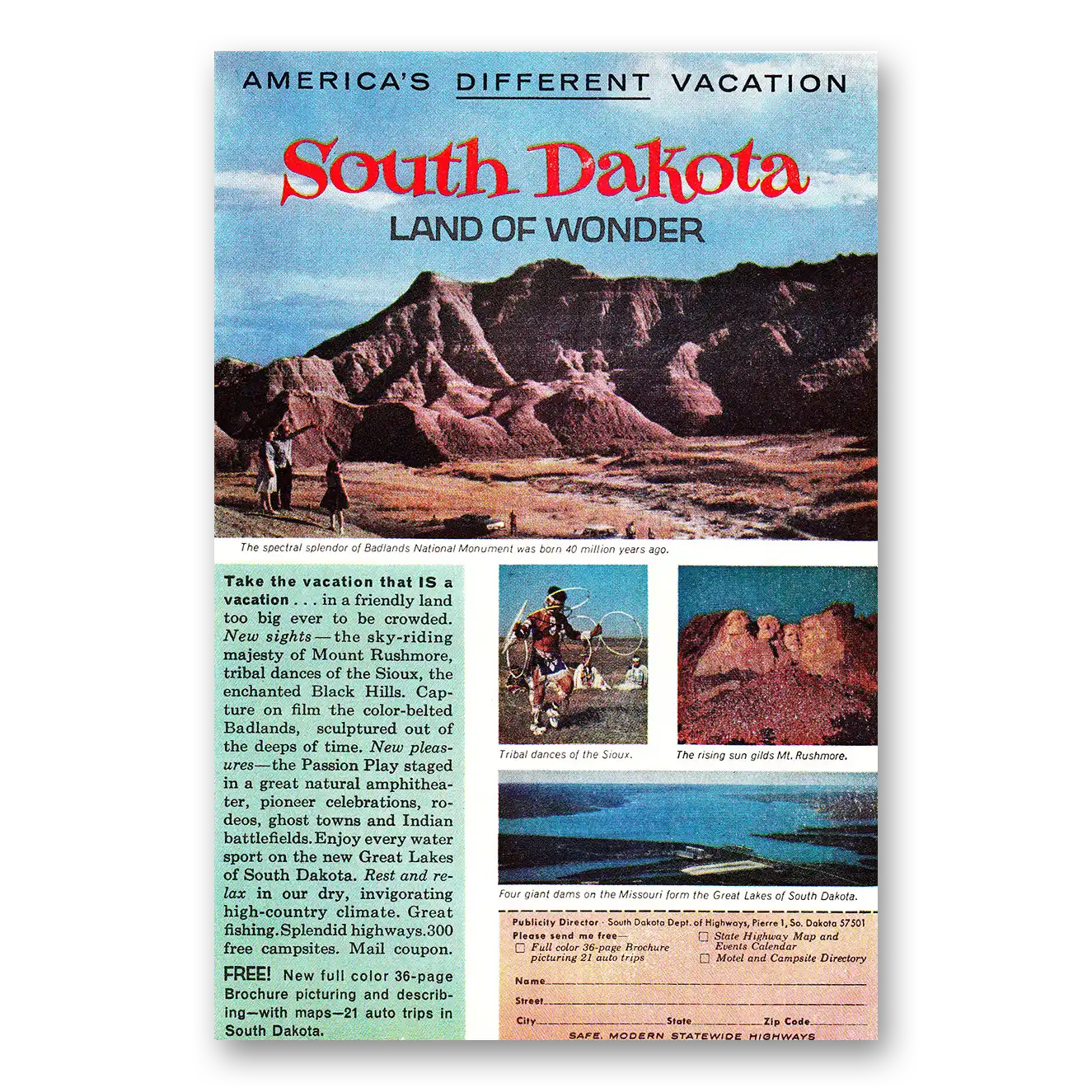 1964 South Dakota Land of Wonder Vintage Magazine Print Ad