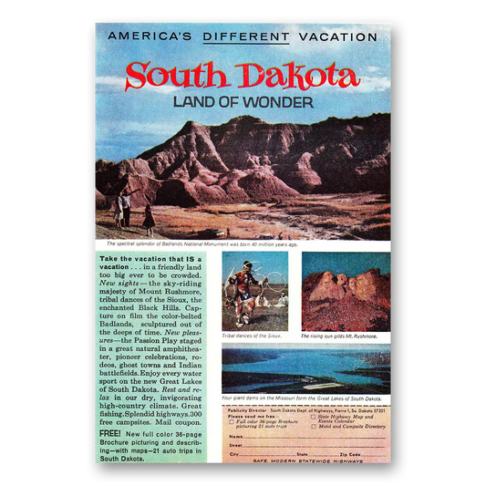 1964 South Dakota Land of Wonder Vintage Magazine Print Ad