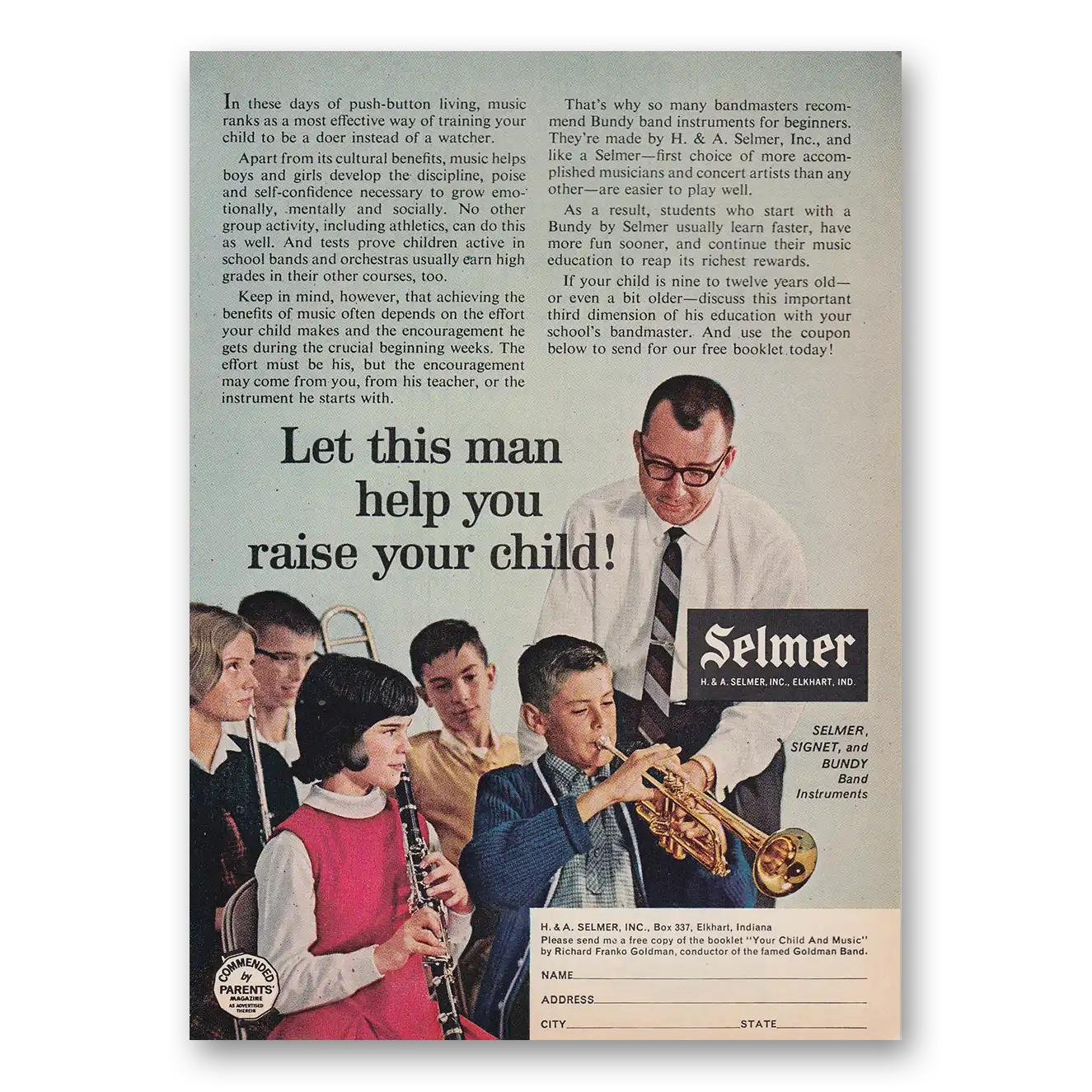 1964 Selmer Band Instruments Let This Man Help You Raise Your Child Vintage Magazine Print Ad