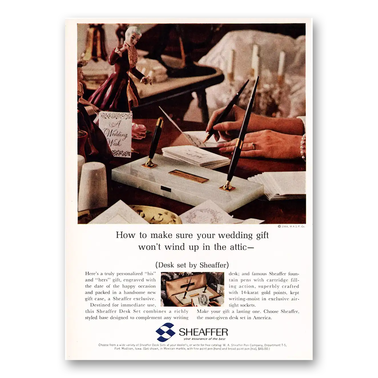 1964 Sheaffers Desk Sets Wedding Gift Won't Wind Up In Attic Vintage Magazine Print Ad