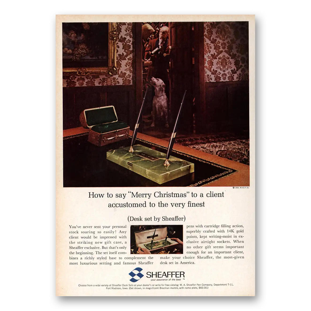 1964 Sheaffers Desk Sets Merry Christmas To a Client Vintage Magazine Print Ad