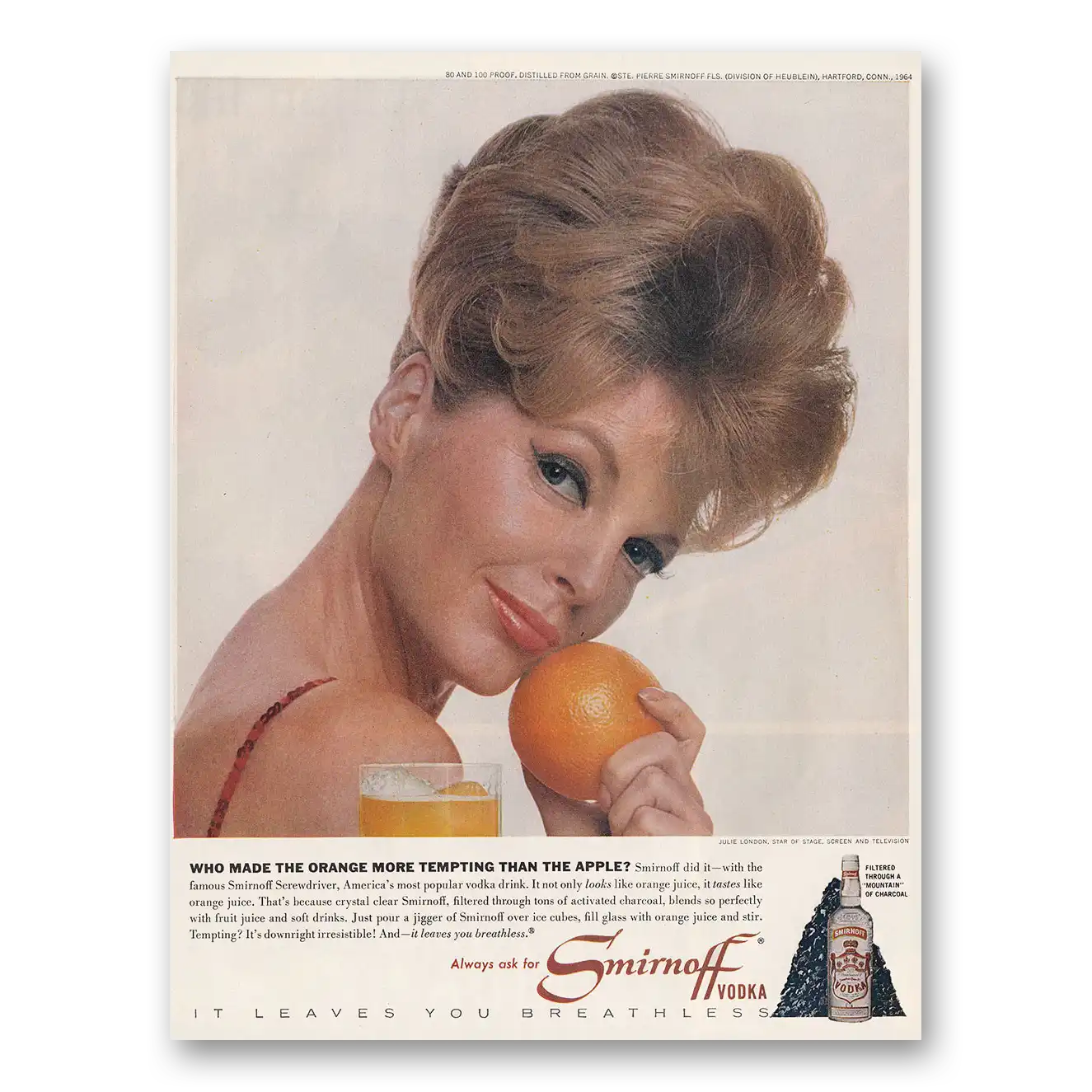 1964 Smirnoff Vodka Julie London Vintage Magazine Print Ad