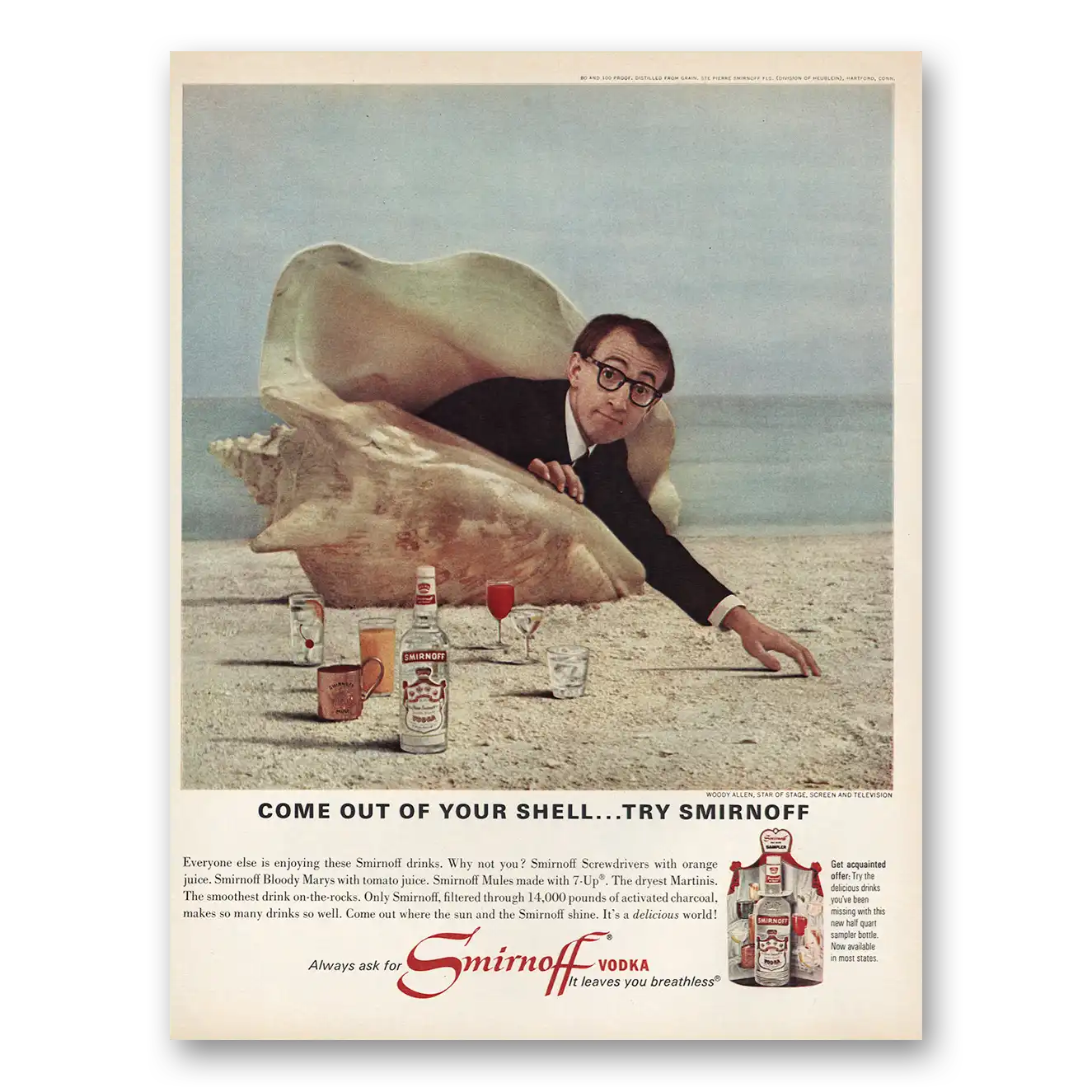 1966 Smirnoff Vodka Come Out of Your Shell Woody Allen Vintage Magazine Print Ad