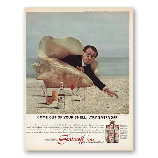 1966 Smirnoff Vodka Come Out of Your Shell Woody Allen Vintage Magazine Print Ad