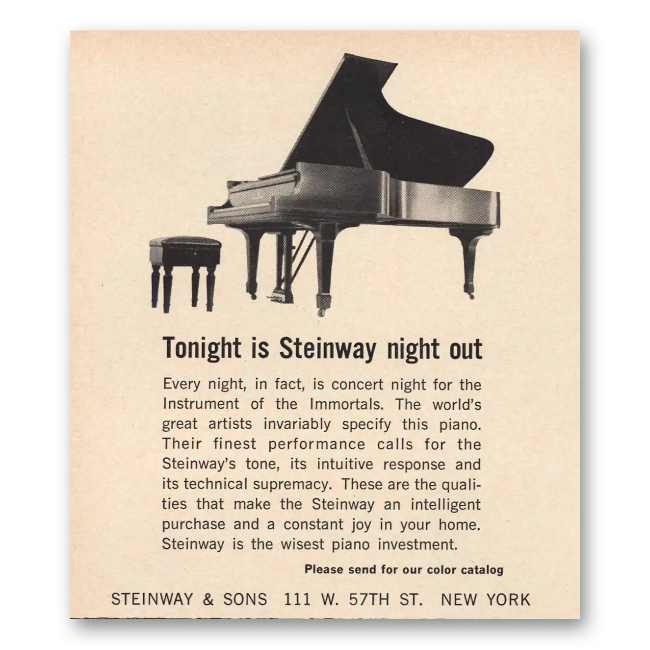 1964 Steinway Piano Tonight Steinway Night Out Vintage Magazine Print Ad