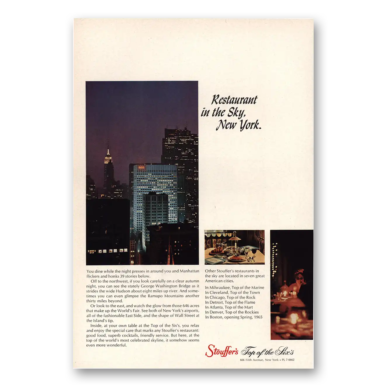 1965 Stouffers Restaurant In the Sky New York Vintage Magazine Print Ad