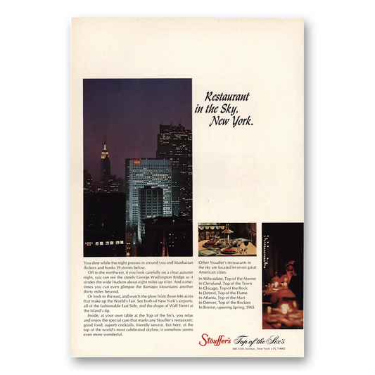 1965 Stouffers Restaurant In the Sky New York Vintage Magazine Print Ad