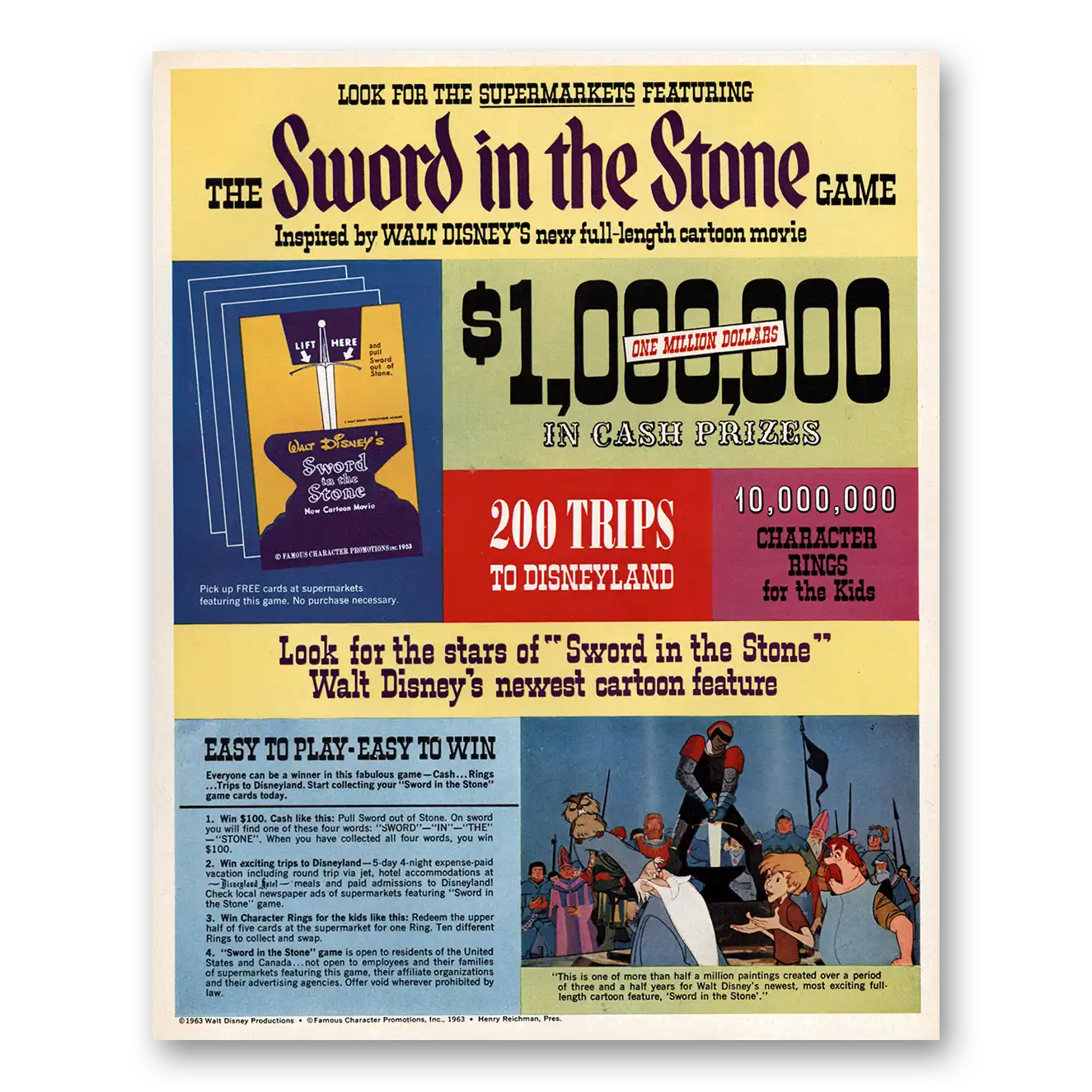 1964 Sword in the Stone Game Promo Walt Disney Newest Cartoon Vintage Magazine Print Ad