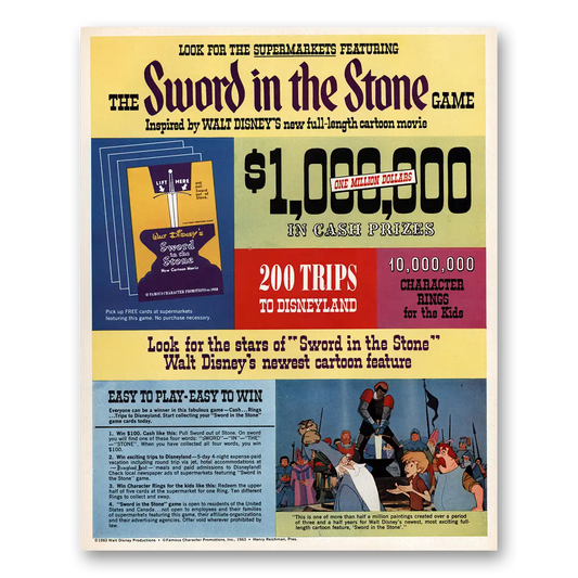 1964 Sword in the Stone Game Promo Walt Disney Newest Cartoon Vintage Magazine Print Ad