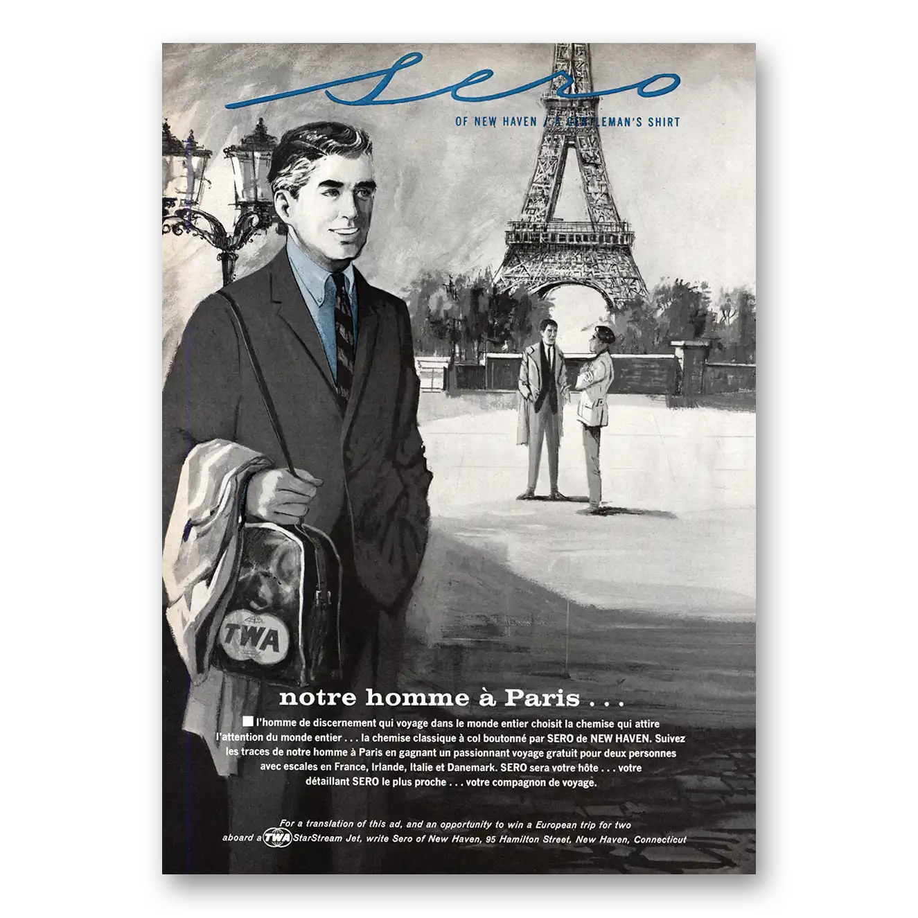 1964 TWA Airlines Notre Homme a Paris Vintage Magazine Print Ad