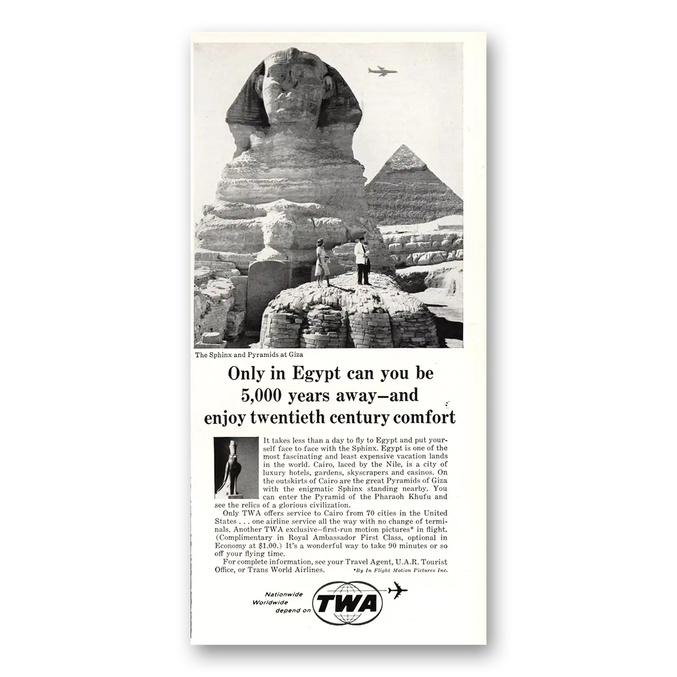 1964 TWA Airlines Sphinx and Pyramids Giza Vintage Magazine Print Ad