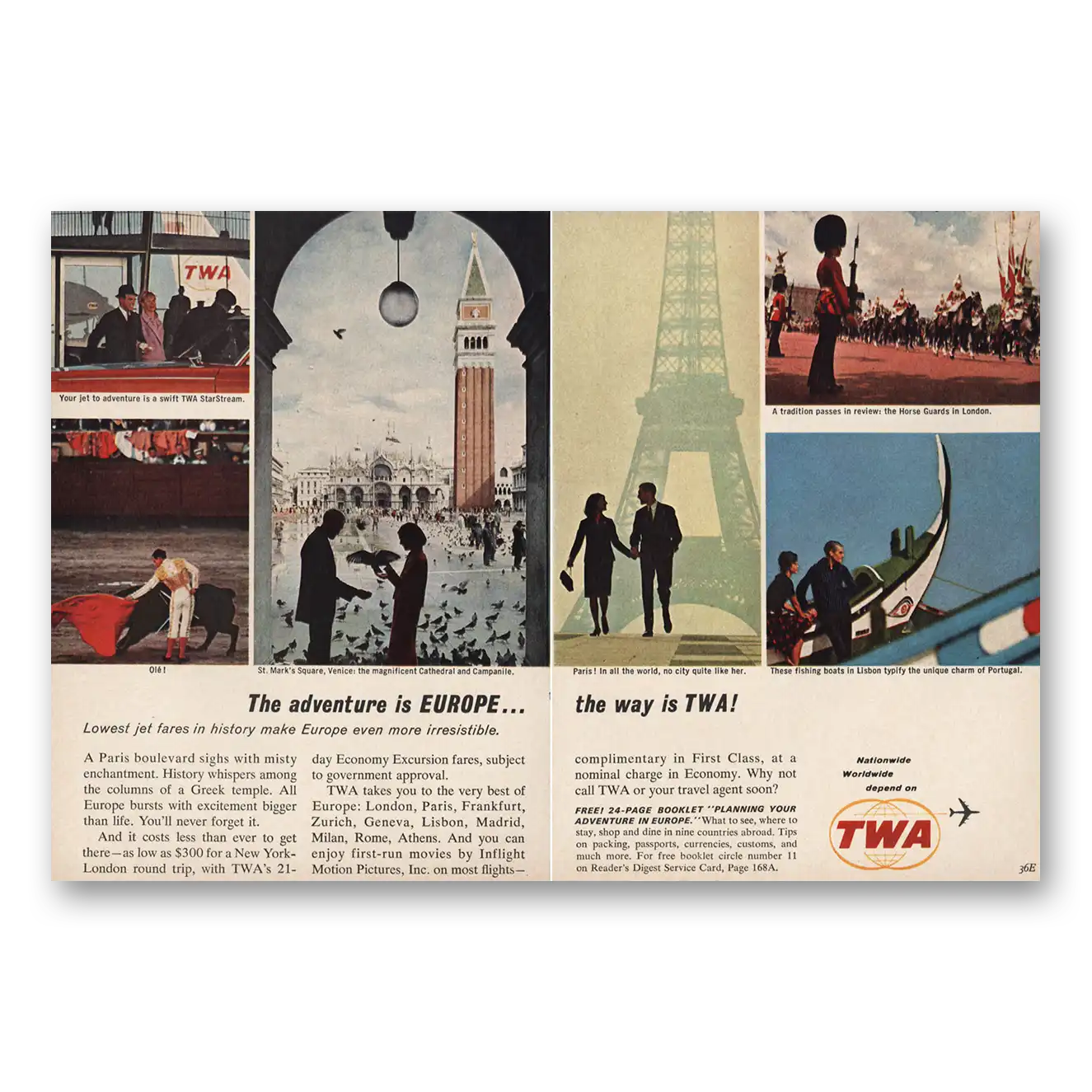 1964 TWA Airlines Star Stream St Marks Square Vintage Magazine Print Ad