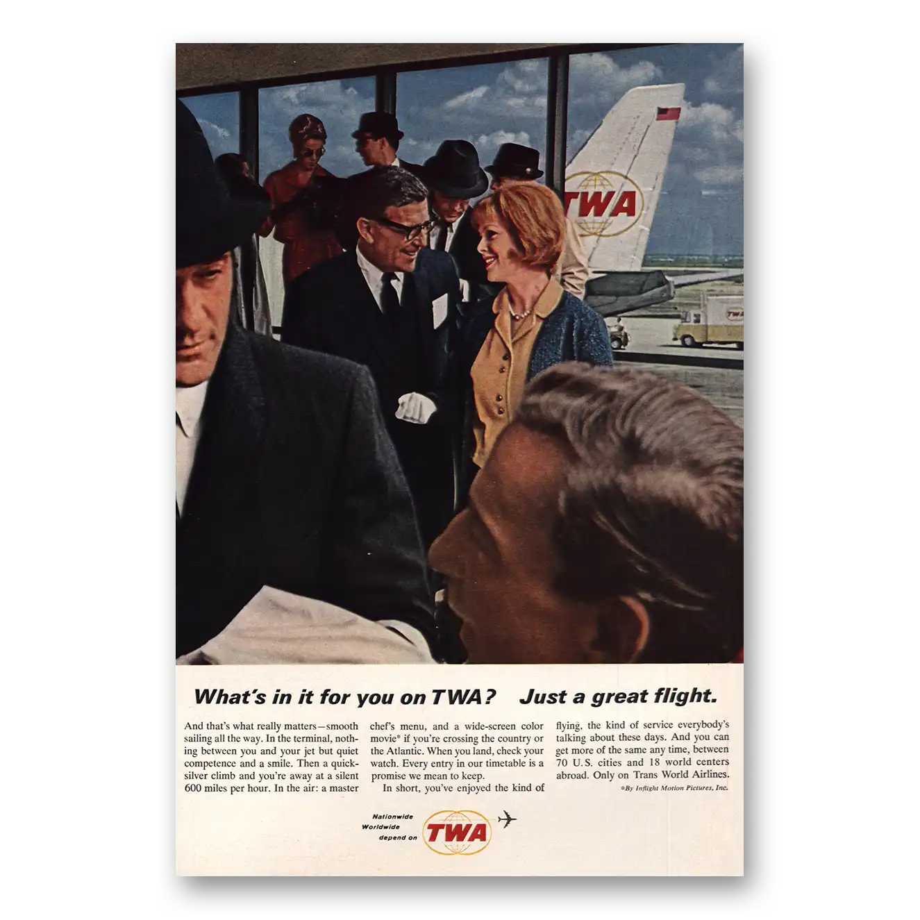 1964 TWA Airlines Just a Great Flight Vintage Magazine Print Ad