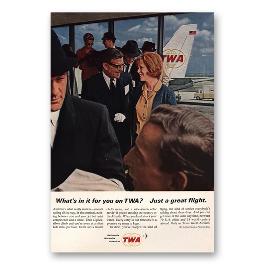 1964 TWA Airlines Just a Great Flight Vintage Magazine Print Ad