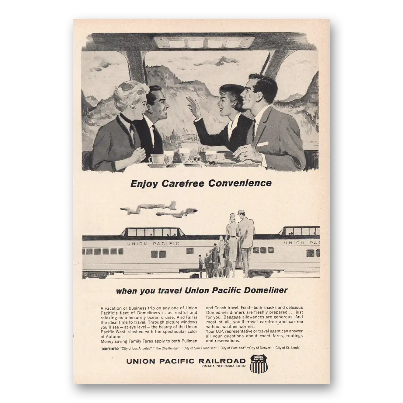 1964 Union Pacific Railroad Carefree Convenience Vintage Magazine Print Ad