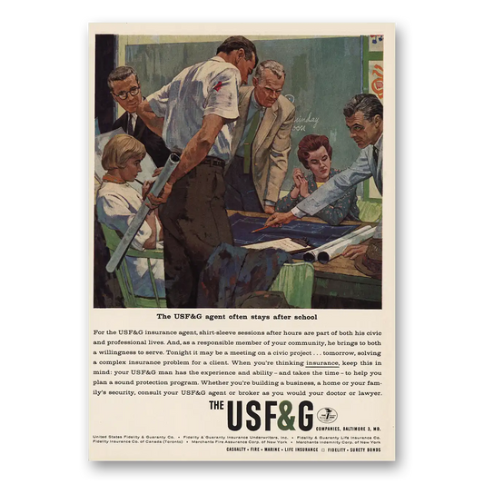 1964 USF&G Often Stays After School Vintage Magazine Print Ad