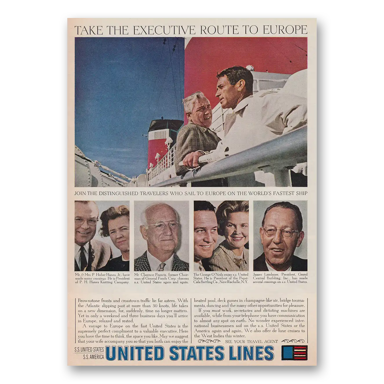 1964 United States Lines Take the Executive Route to Europe Vintage Magazine Print Ad