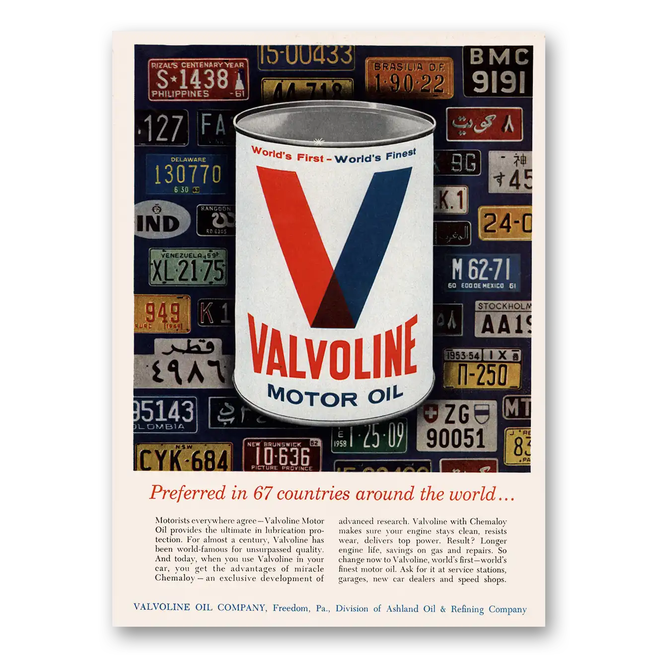 1964 Valvoline Motor Oil Preferred in 67 Countries Around the World Vintage Magazine Print Ad