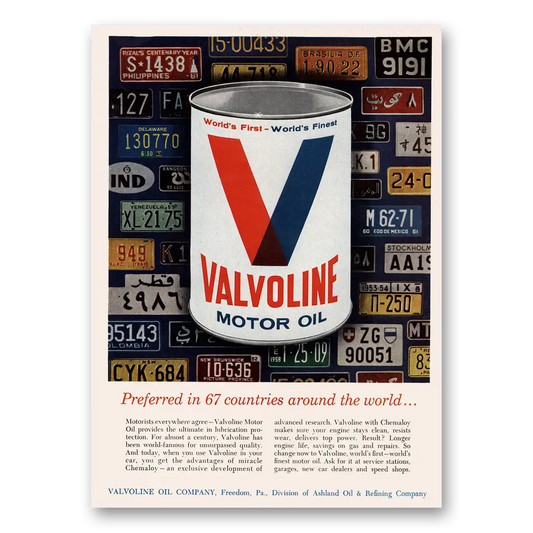 1964 Valvoline Motor Oil Preferred in 67 Countries Around the World Vintage Magazine Print Ad