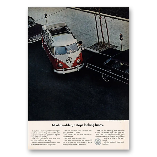 1964 Volkswagen Station Wagon All of Sudden Stops Looking Funny Vintage Magazine Print Ad