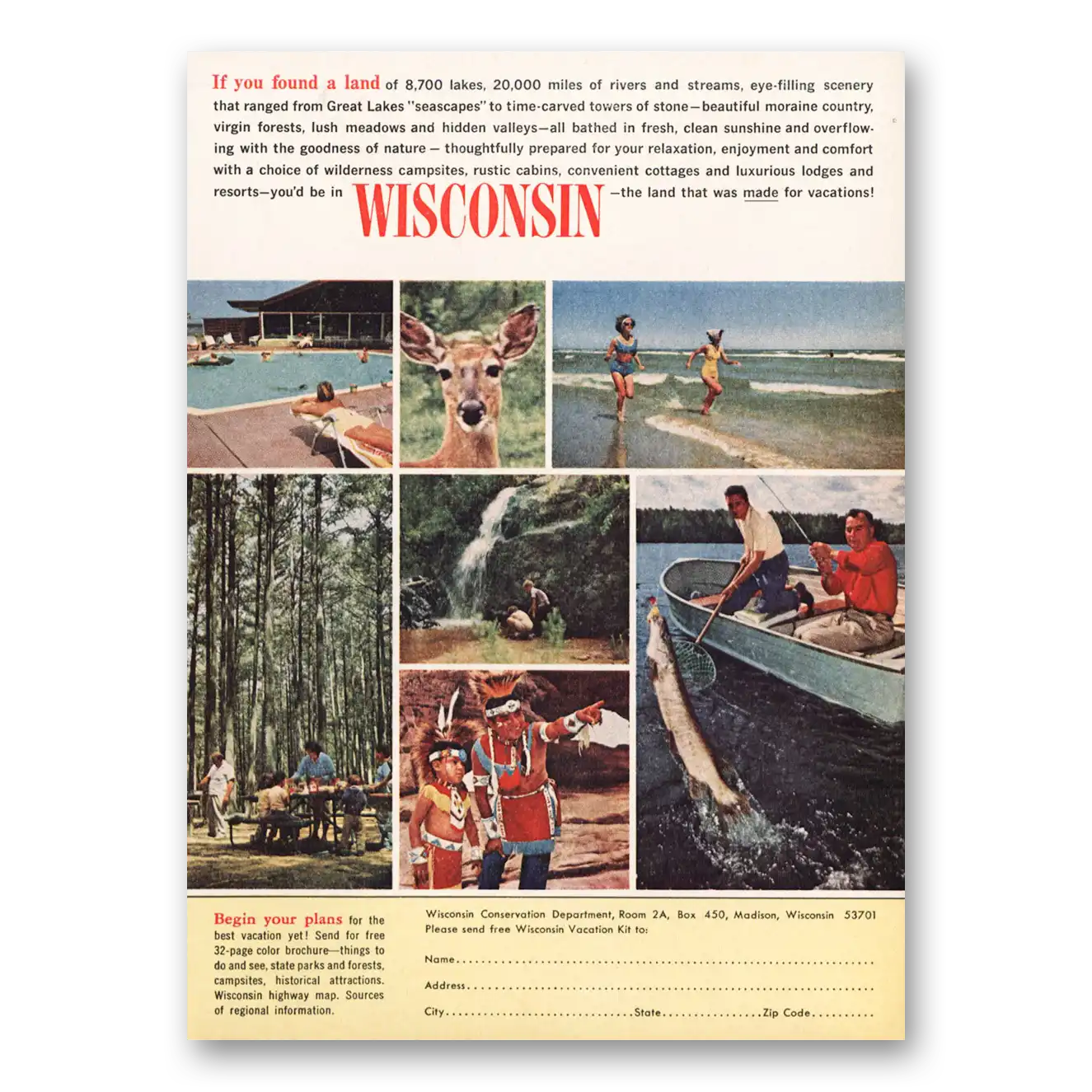 1964 Wisconsin Found a Land 8700 Lakes Vintage Magazine Print Ad