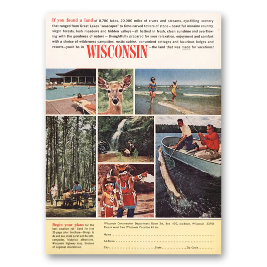 1964 Wisconsin Found a Land 8700 Lakes Vintage Magazine Print Ad