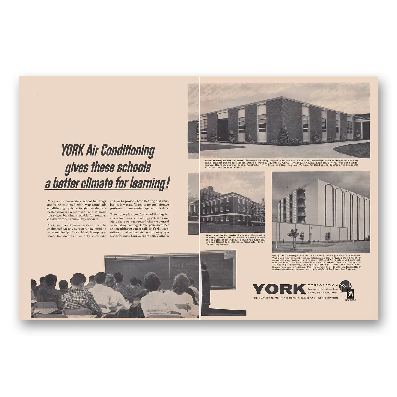 1964 York Air Conditioning Gives These Schools a Better Climate for Learning Vintage Magazine Print Ad