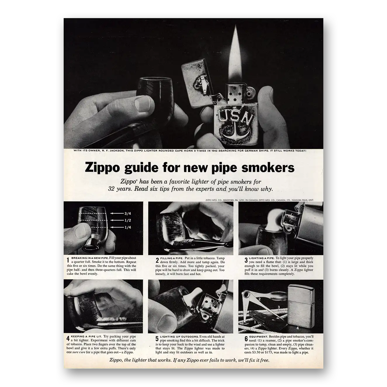 1964 Zippo Lighter Guide For New Pipe Smokers Vintage Magazine Print Ad