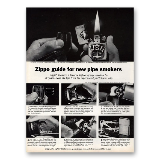 1964 Zippo Lighter Guide For New Pipe Smokers Vintage Magazine Print Ad