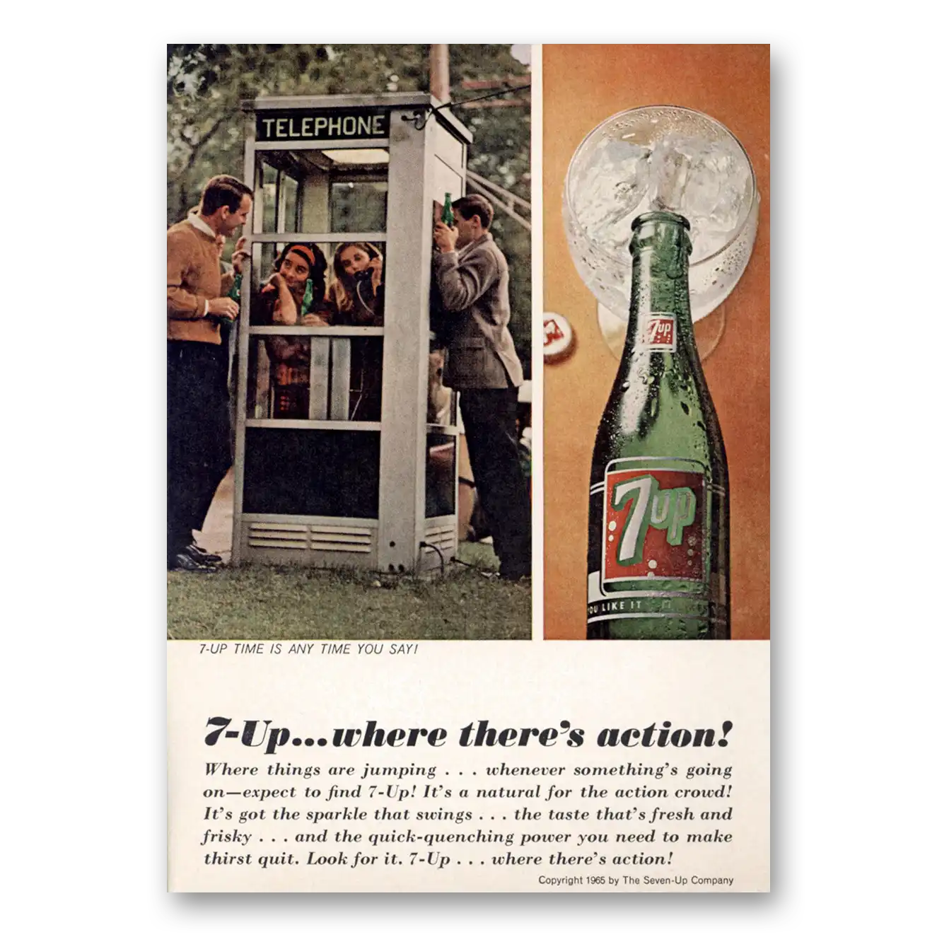 1965 7Up Where Theres Action Phone Booth Vintage Magazine Print Ad