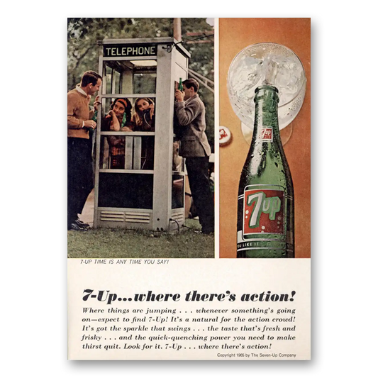 1965 7Up Where Theres Action Phone Booth Vintage Magazine Print Ad