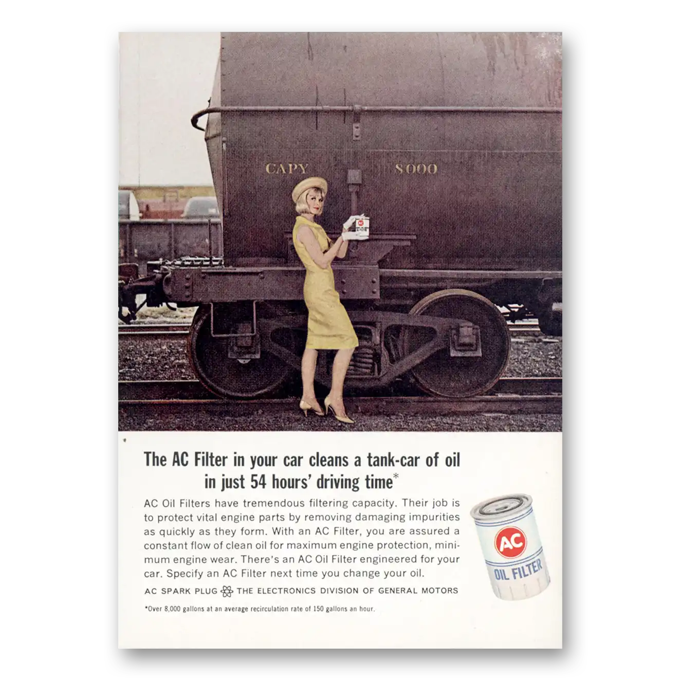 1965 AC Oil Filter Cleans a Tank of Oil Vintage Magazine Print Ad