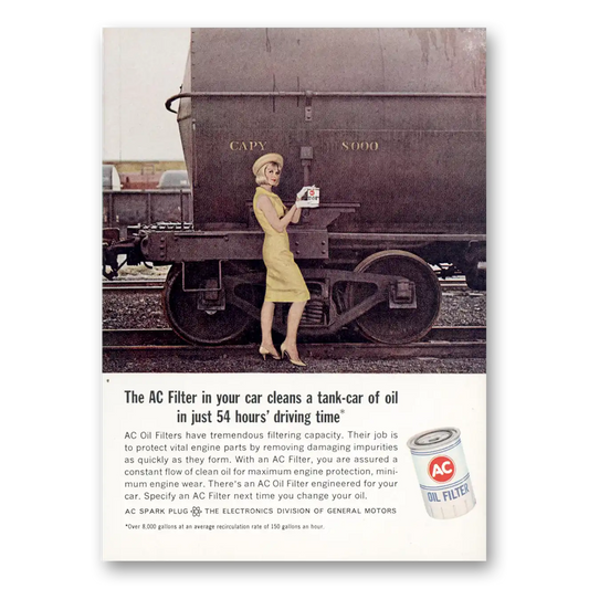 1965 AC Oil Filter Cleans a Tank of Oil Vintage Magazine Print Ad