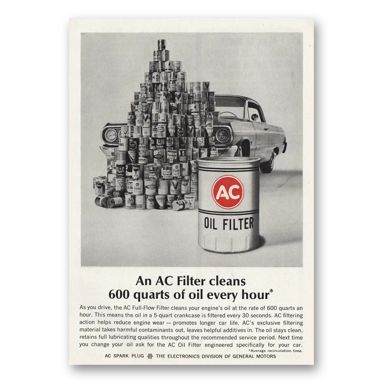 1965 AC Oil Filter Cleans 600 Quarts of Oil Every Hour Vintage Magazine Print Ad